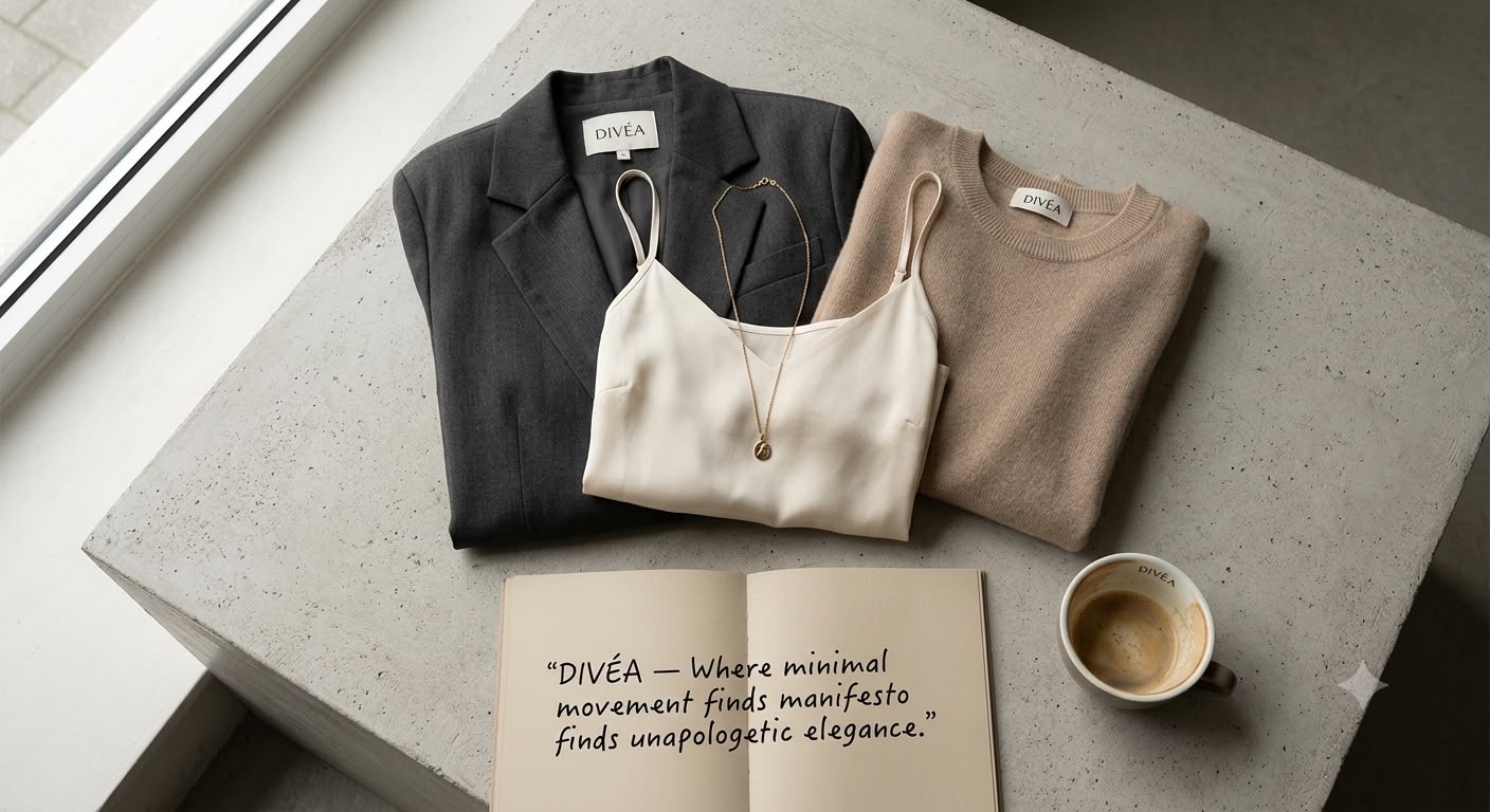 Divéa blazer, silk camisole and cashmere knit laid out on a concrete ledge