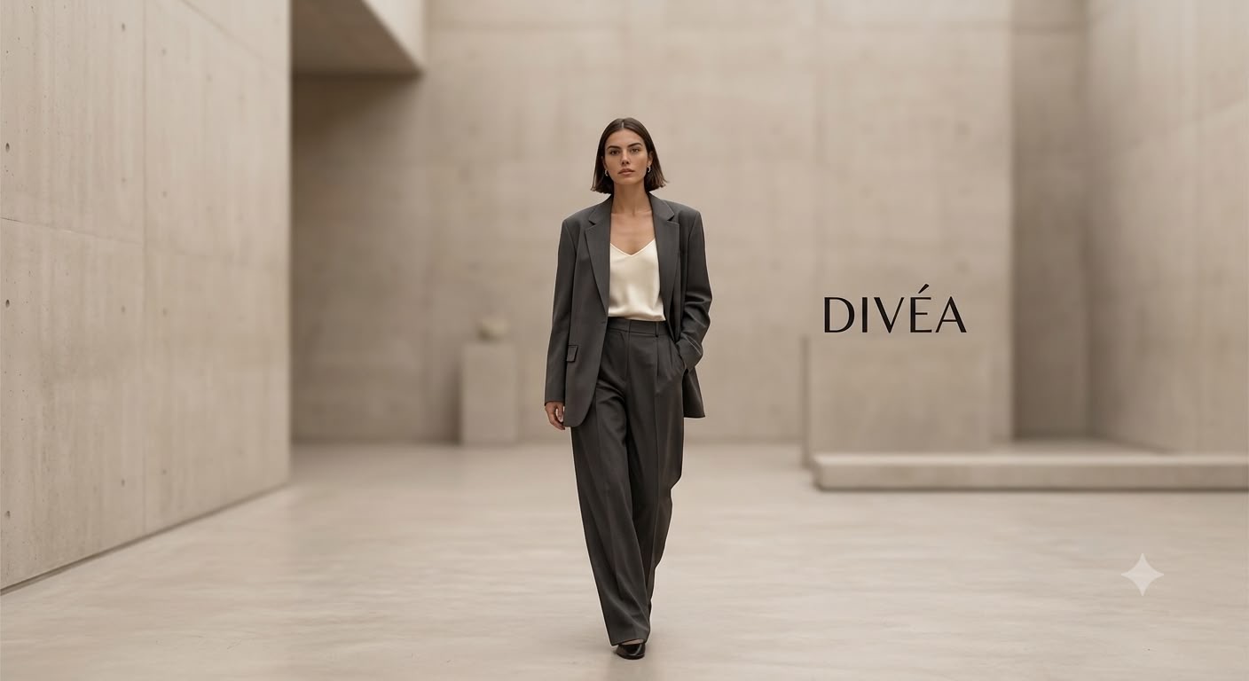 Model in a Divéa tailored suit walking through a concrete courtyard